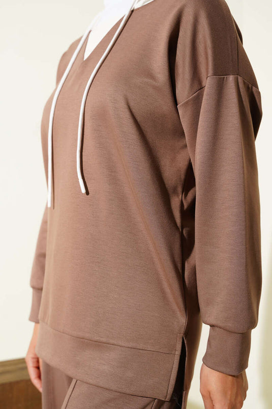 Kapşonlu Garnili İkili Takım Vizon