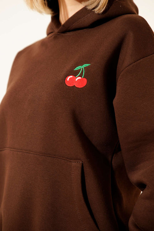 Hooded Cherry Print Sweatshirt in Coffee