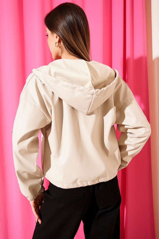 Kapşonlu Kısa Deri Ceket Bej