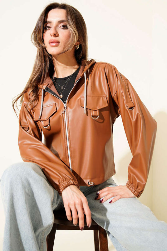 Kapşonlu Kısa Deri Ceket Taba