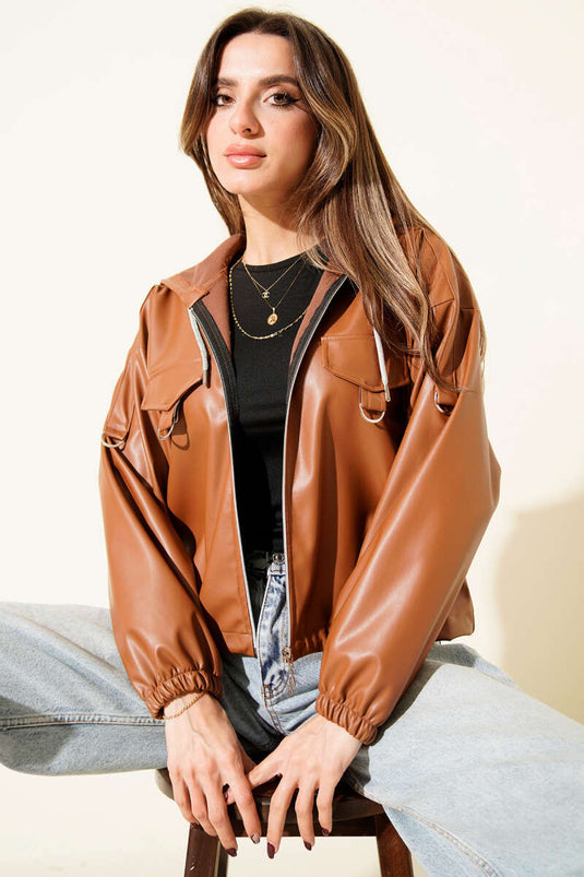 Kapşonlu Kısa Deri Ceket Taba