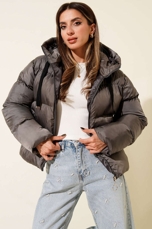 Korte gewatteerde jas met capuchon, rookgrijs