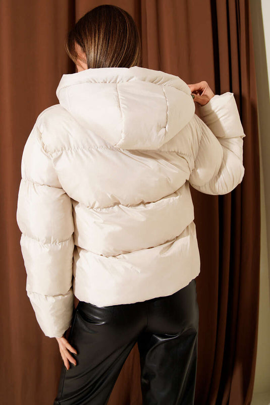 Hooded Short Puffer Jacket Stone