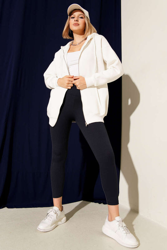 Capuchonvest met drie lades en ritssluiting, ecru