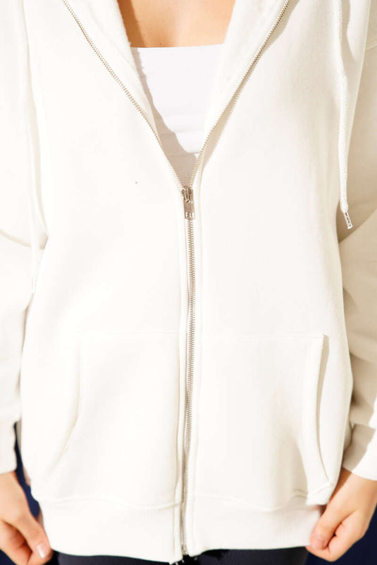 Kapşonlu Üç İpli Fermuarlı Hırka Ekru