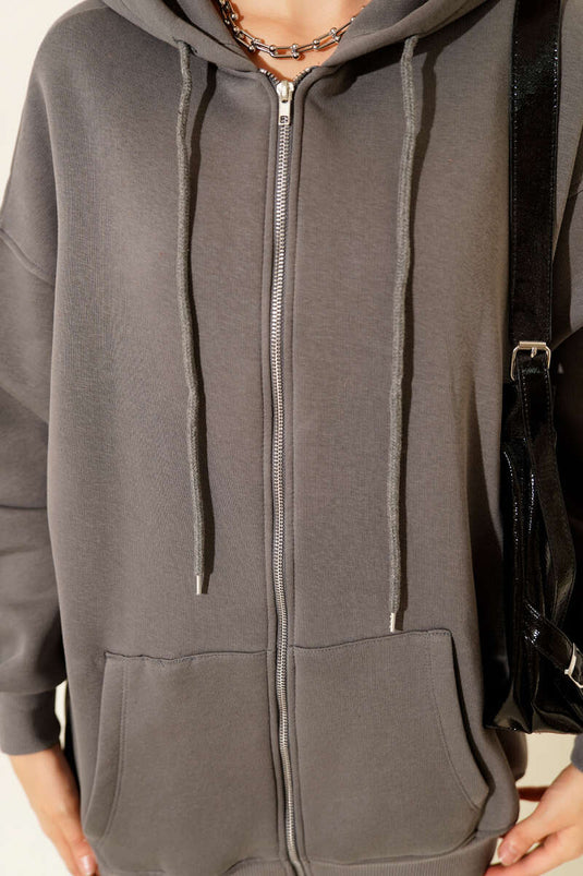 Kapşonlu Üç İpli Fermuarlı Hırka Gri