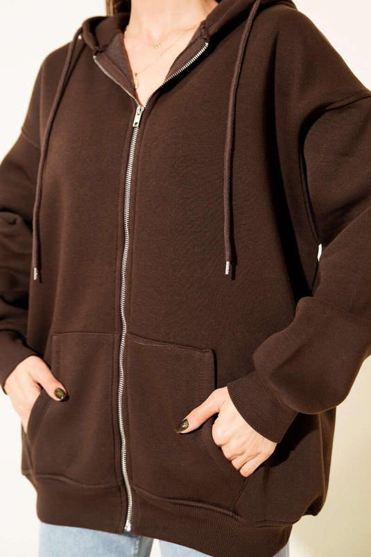 Kapşonlu Üç İpli Fermuarlı Hırka Kahve