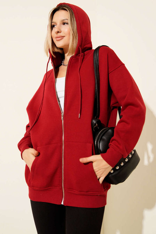 كارديجان أحمر بثلاثة أدراج وغطاء رأس وسحاب