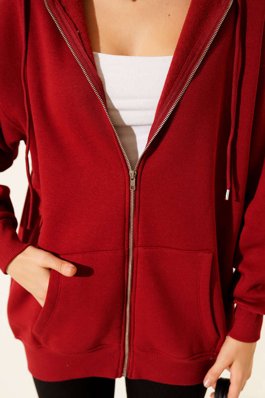 كارديجان أحمر بثلاثة أدراج وغطاء رأس وسحاب