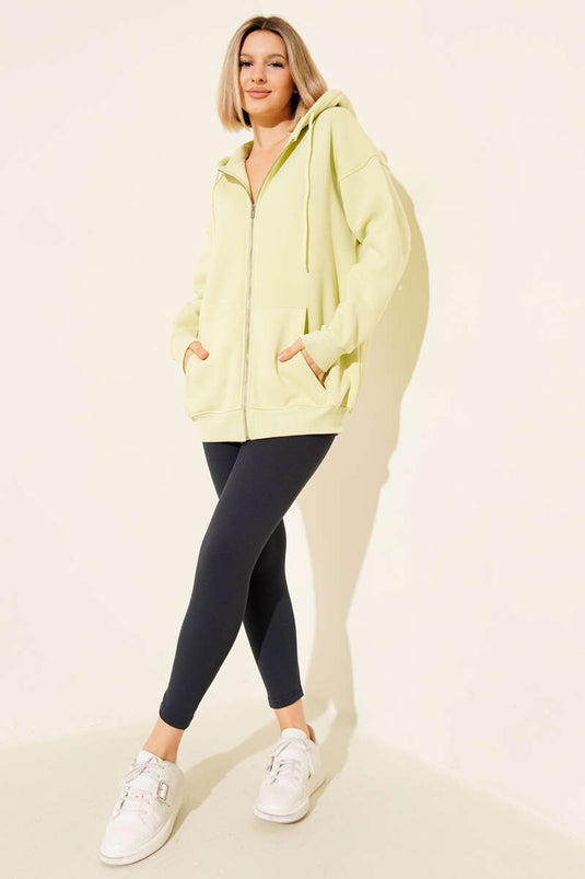 Hooded Three-Drawer Zip Cardigan in Lime