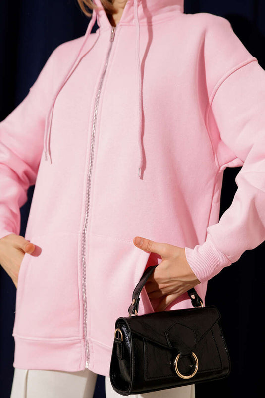 Pink Hooded Three-Drawer Zip Cardigan