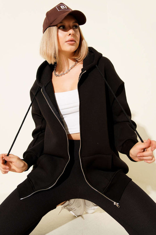 كارديجان أسود بثلاثة أدراج وغطاء رأس وسحاب