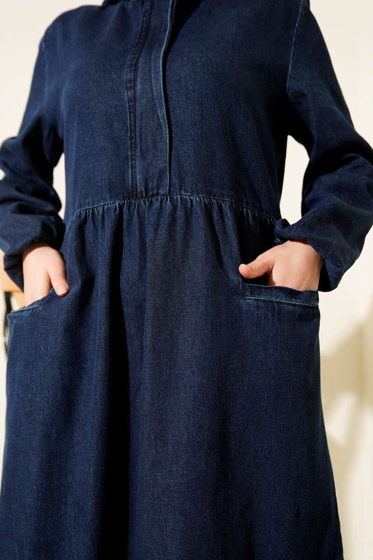 Kapşonlu Yarı Fermuarlı Kot Elbise Lacivert