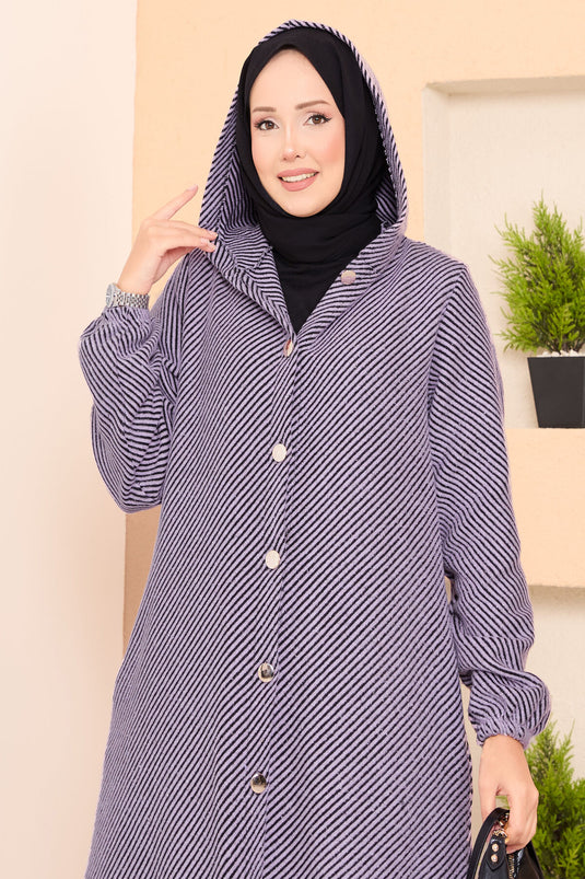 Manteau en cachemire hijab à chevrons et capuche détaillée Lilas