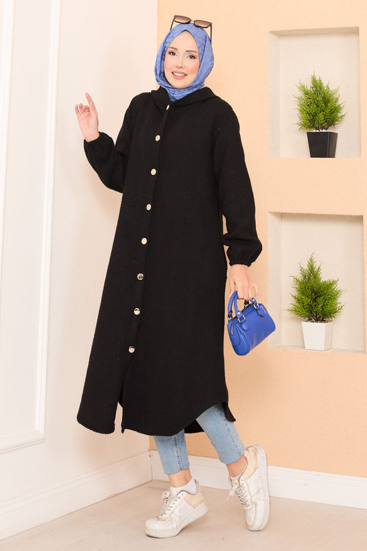 Kapüşon Detaylı Balıksırtı Tesettür Kaşe Kap Siyah