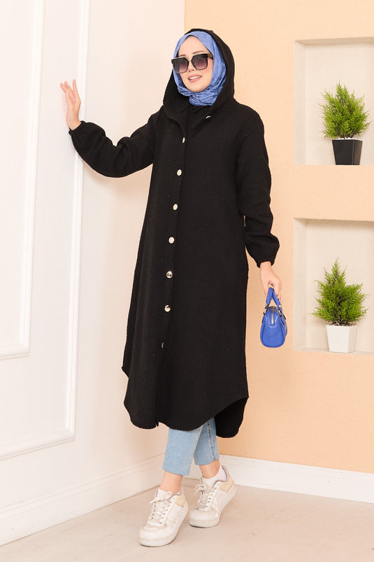 Kapüşon Detaylı Balıksırtı Tesettür Kaşe Kap Siyah