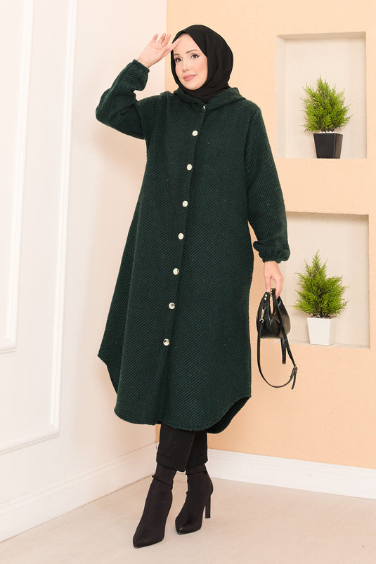 Hood Detailed Herringbone Hijab Cashmere Coat Emerald