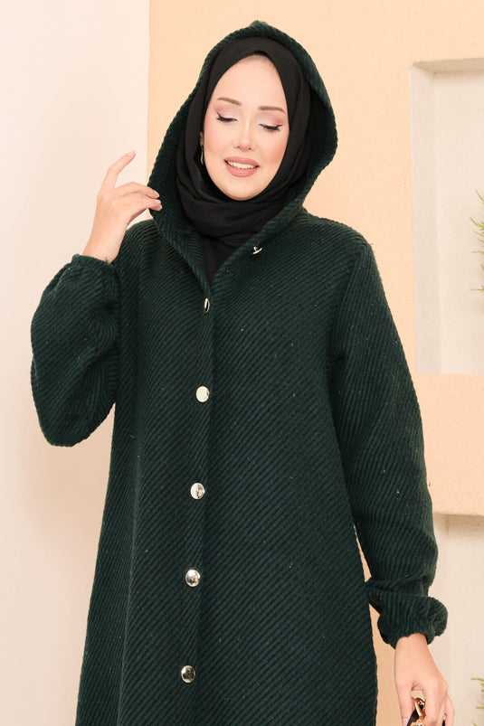 Hood Detailed Herringbone Hijab Cashmere Coat Emerald