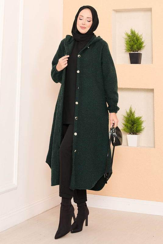 Hood Detailed Herringbone Hijab Cashmere Coat Emerald