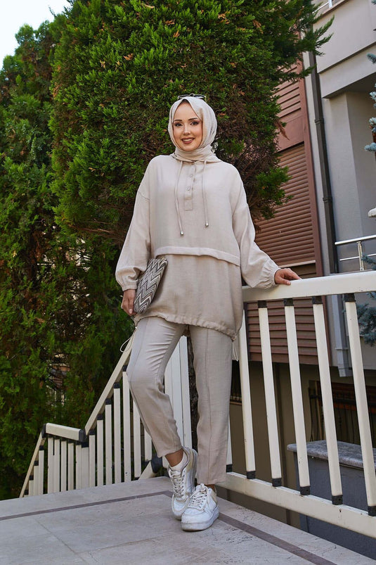 طقم حجري مكون من قطعتين بغطاء رأس وأزرار