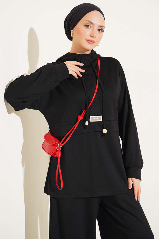 Hooded Embroidered Two-Piece Set Black