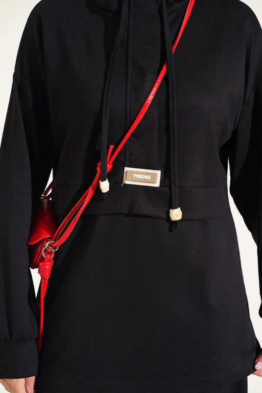 Hooded Embroidered Two-Piece Set Black