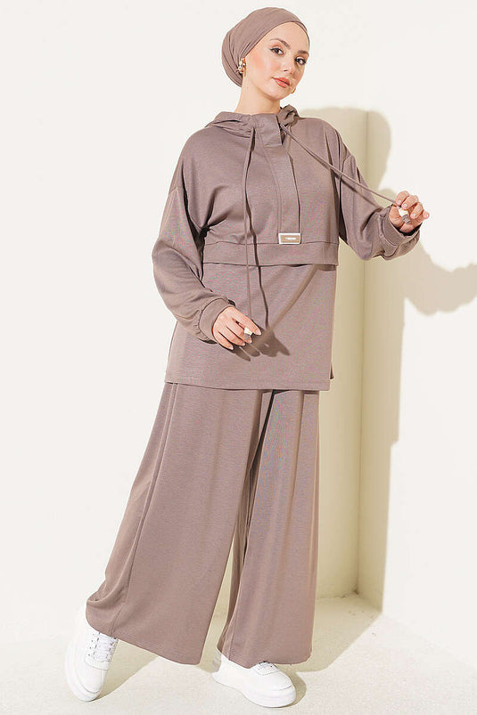 Ensemble Deux Pièces À Capuche Brodé Couleur Mink