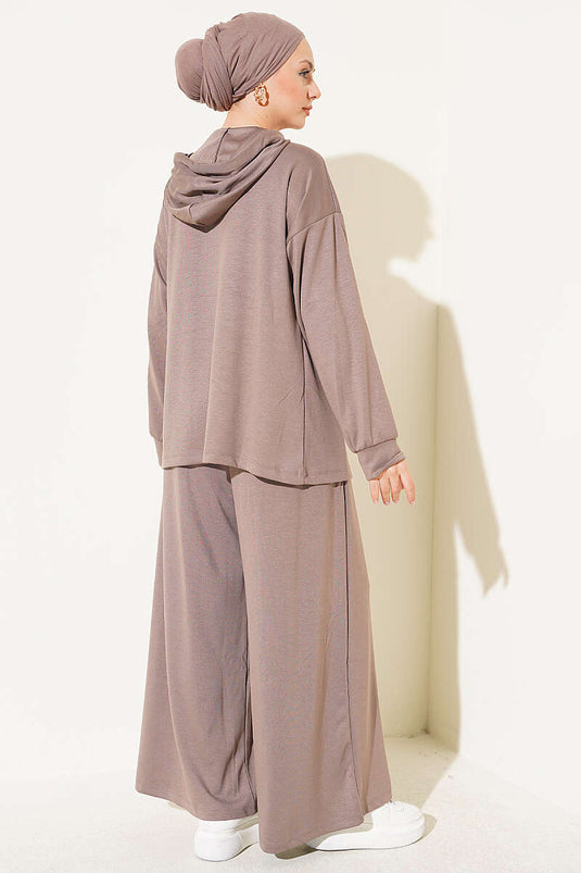Ensemble Deux Pièces À Capuche Brodé Couleur Mink