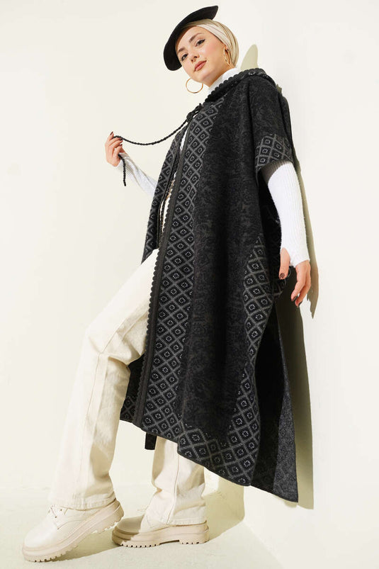 Hooded Baklava Pattern Poncho, Black