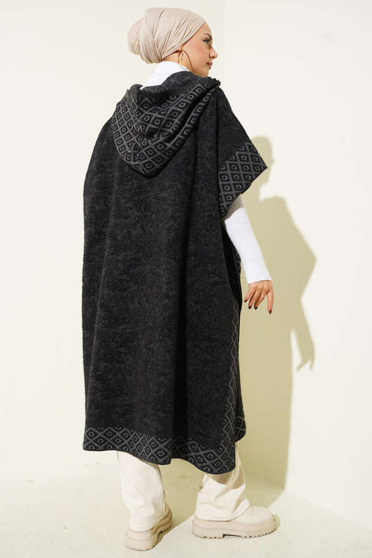 Hooded Baklava Pattern Poncho, Black