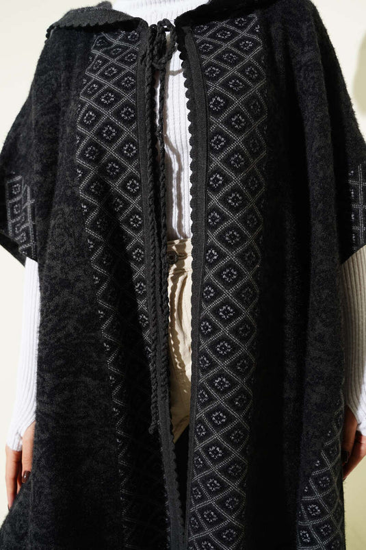 Hooded Baklava Pattern Poncho, Black