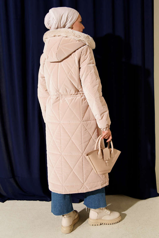 Hooded Baklava Quilted Long Coat Beige
