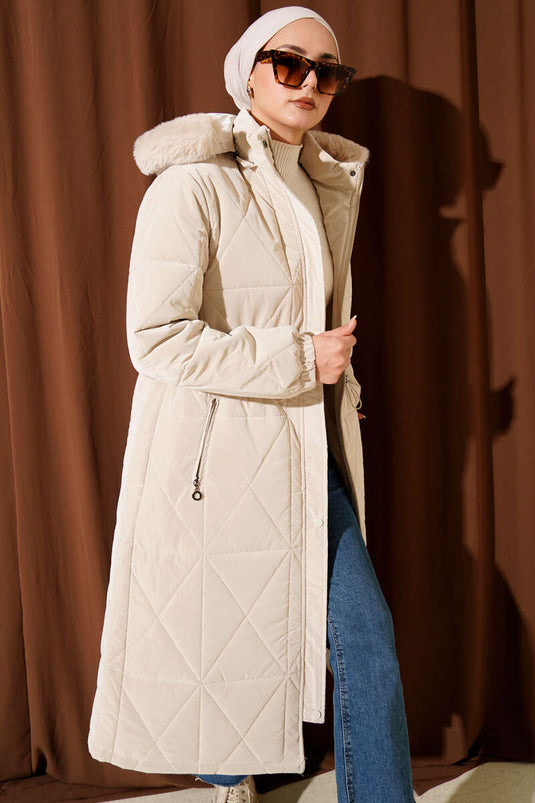 معطف طويل مبطن بقلنسوة من البقلاوة الحجرية