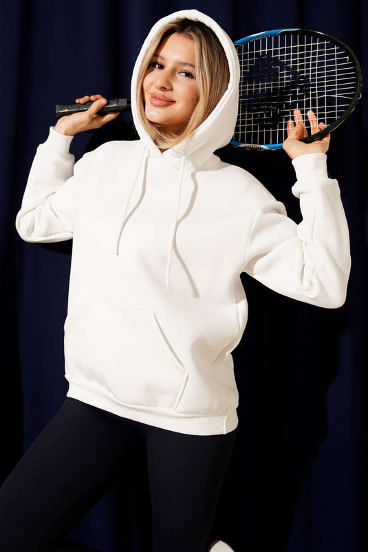 سويت شيرت أساسي بثلاثة خيوط وغطاء رأس، لون بيج فاتح