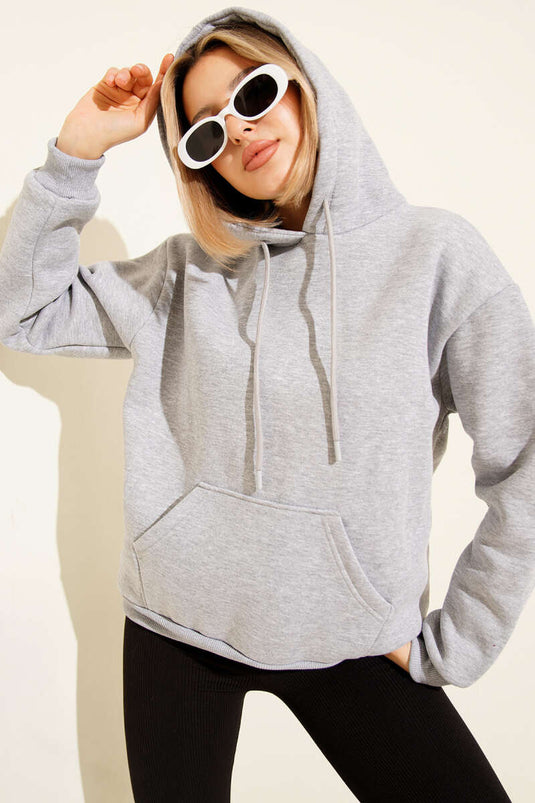 Sweat-shirt à capuche basique gris à trois fils