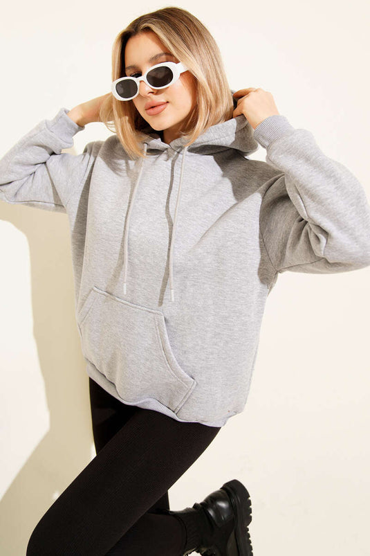 سويت شيرت رمادي أساسي بثلاثة خيوط وغطاء رأس