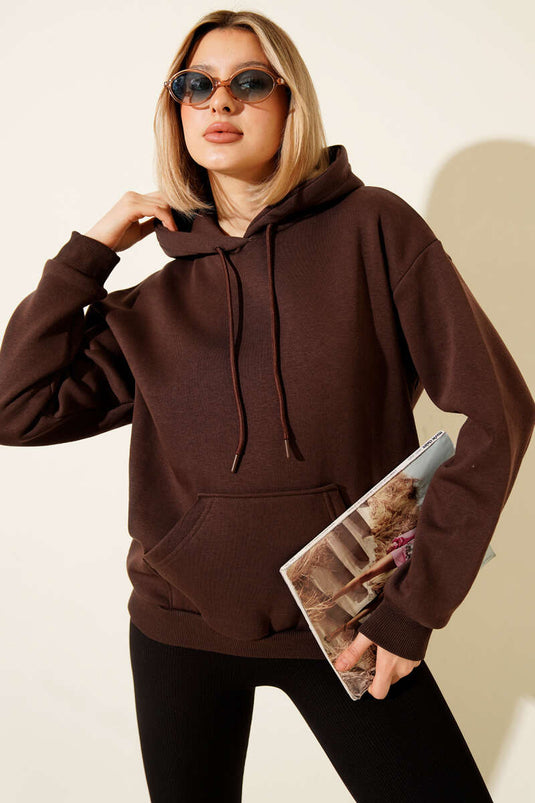 سويت شيرت أساسي بثلاثة خيوط وغطاء رأس، لون بني فاتح