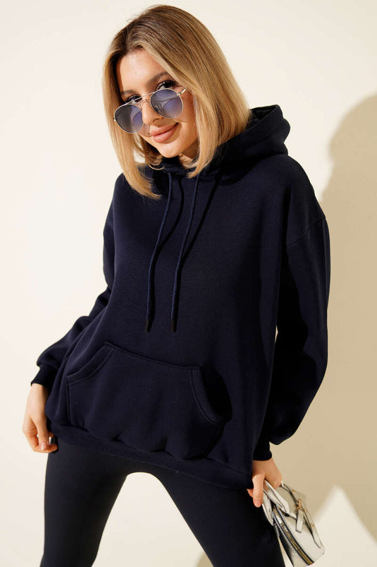 Hooded Basic Three-Thread Sweatshirt Navy Blue
