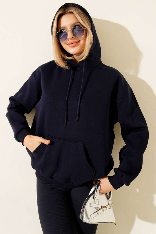 سويت شيرت أساسي بثلاثة خيوط وغطاء رأس، لون كحلي