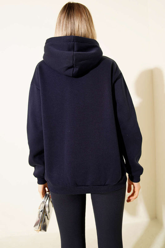 سويت شيرت أساسي بثلاثة خيوط وغطاء رأس، لون كحلي