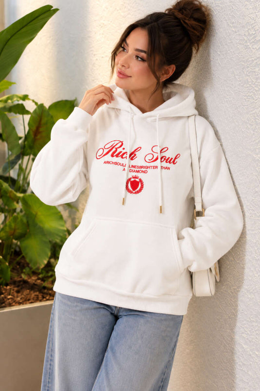 Kapüşonlu Baskı Detaylı Sweatshirt Ekru