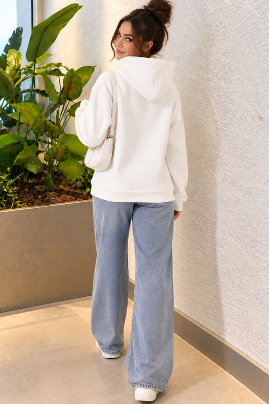 Kapüşonlu Baskı Detaylı Sweatshirt Ekru