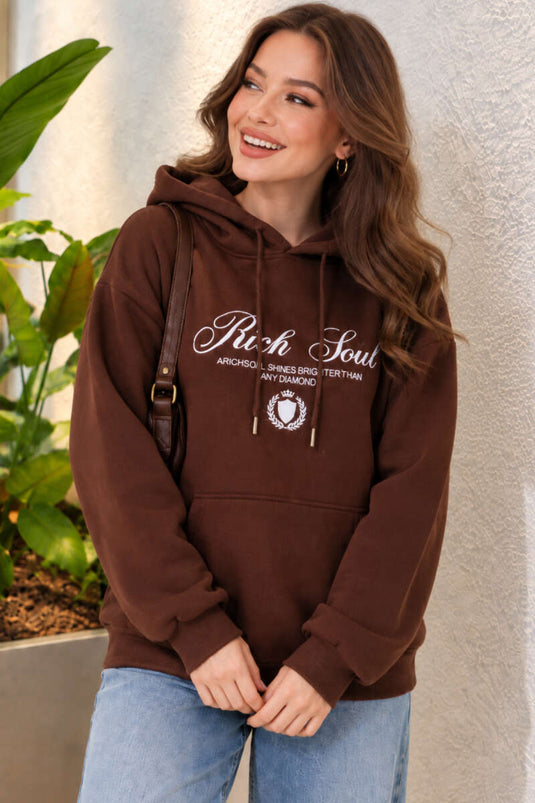 Kapüşonlu Baskı Detaylı Sweatshirt Kahve