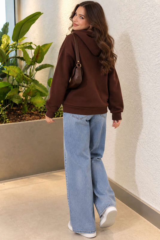 Kapüşonlu Baskı Detaylı Sweatshirt Kahve