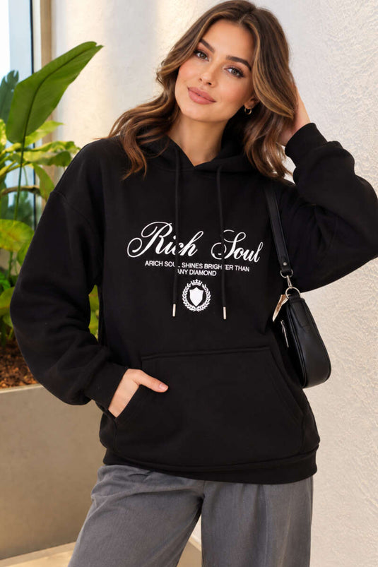 Kapüşonlu Baskı Detaylı Sweatshirt Siyah