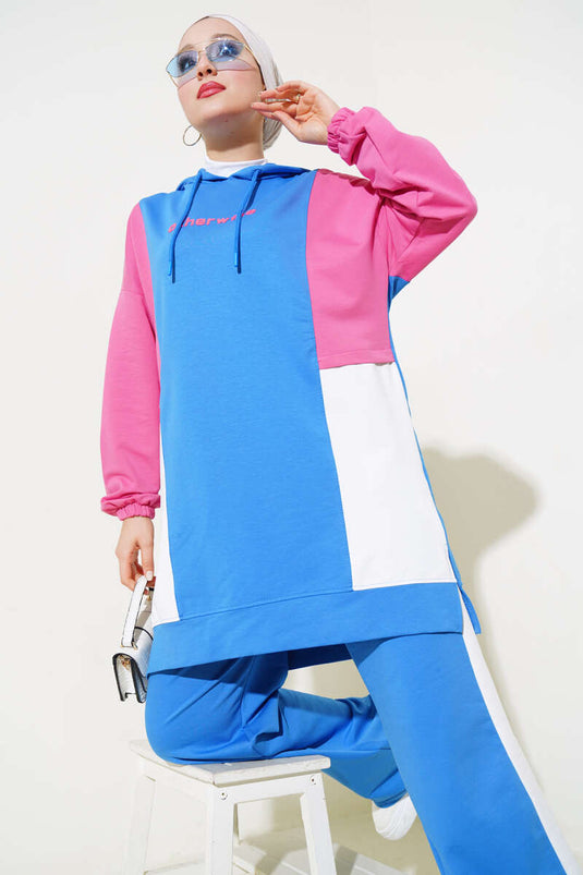 Set doppio tunica stampata con cappuccio Blu