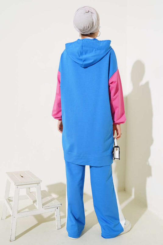 Hooded Printed Tunic Two-Piece Set Blue