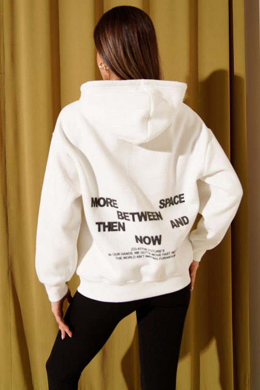 Kapüşonlu Baskılı Üç İplik Sweatshirt Ekru