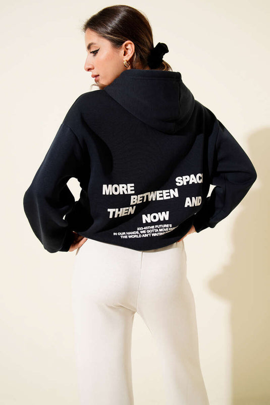 Hooded Printed Three-Thread Sweatshirt Navy Blue
