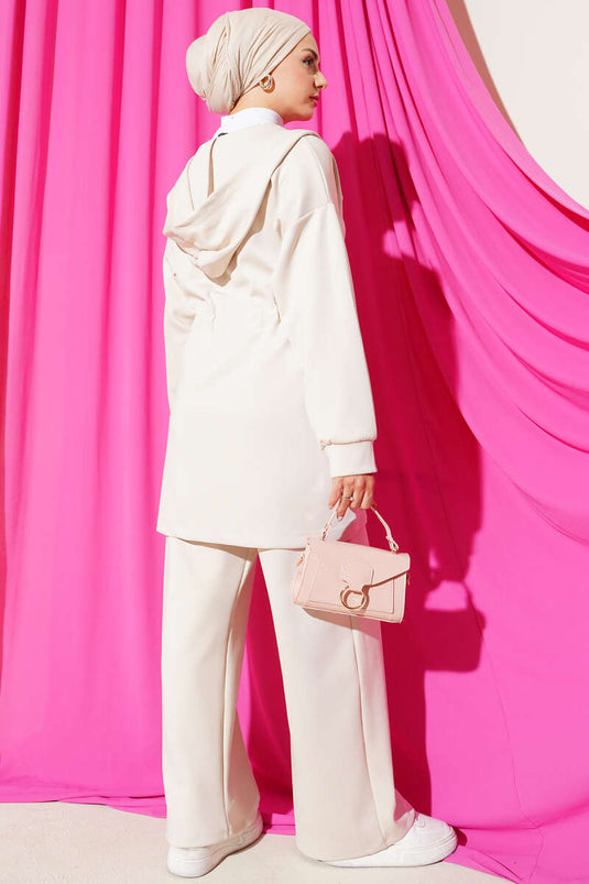 طقم مكون من قطعتين بغطاء رأس وحزام خصر ورباط، لون بيج